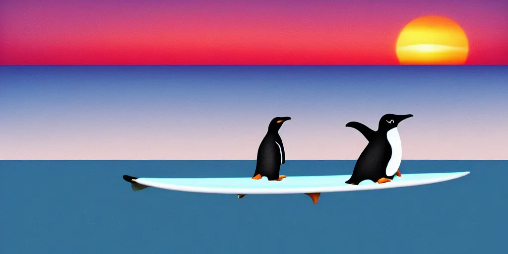 Prompt: penguin on a surfing board, surfing the waves at the sunset, on the style of artstation, art deco, ciurlionis