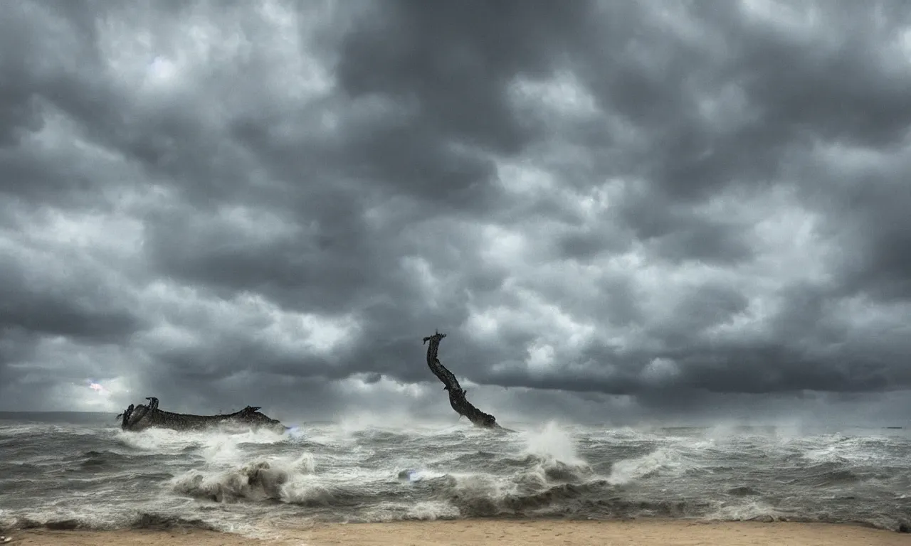 Image similar to a gigantic monster that looks like a mixture of monkfish with crocodile limbs, wet and slimy with a very large mouth, is coming out of the sea dragging its enormous weight with effort on a beach, there are people fleeing in terror, photo-realistic, stormy sky, photo by national geographical