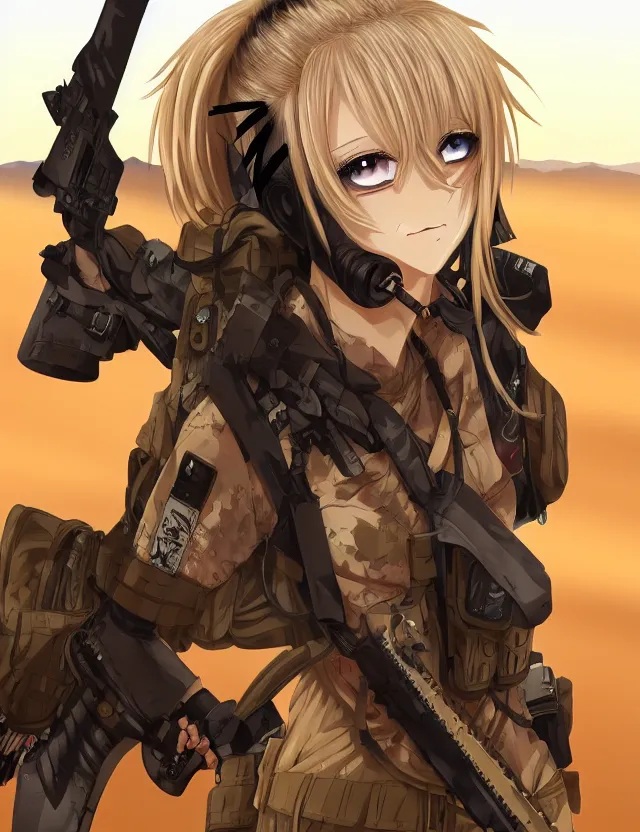 Prompt: an anime portrait of a blonde vampire girl in desert camo tactical gear, trending on artstation, digital art, 4 k resolution, detailed, high quality, sharp focus, hq artwork, coherent, insane detail