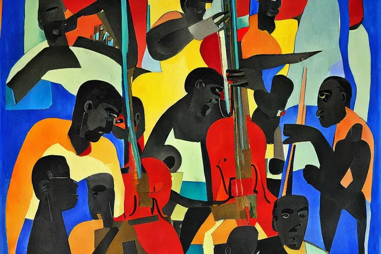 Image similar to a painting of a group of men playing instruments, an ultrafine detailed painting by romare bearden, behance, black arts movement, artwork, fauvism, academic art, large brush strokes, grainy texture