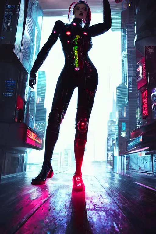 Image similar to An epic comic hyperrealistic full body shot portrait oil painting of a cyber warrrior girl wearing futuristic wardrobe, black and reddis, ultradetailed face expression trending on artstation and artbreeder, cyberpunk 2077 color, heavy rainning at tokyo night, neon light rooftop, unreal 5, DAZ, 8k, unreal 5 engine render, cosplay, RPG portrait, final fantasy Vll world concept, dramatic lighting, rim lights, PS5 render quality