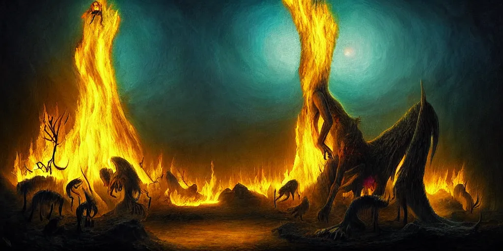 Image similar to mythical creatures and monsters at the mouth of hell, dramatic lighting glow from giant fire, in a dark surreal painting by ronny khalil