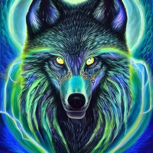 Prompt: spirit wolf made of electricity thunder storm by GEOGLYPHIKS by FABIÁN JIMÉNEZ by MICHAEL DIVINE by AMANDA SAGE in the style of oil painting visionary art, intricate oil painting artwork. , trending on artstation, very coherent symmetrical artwork, oil painting