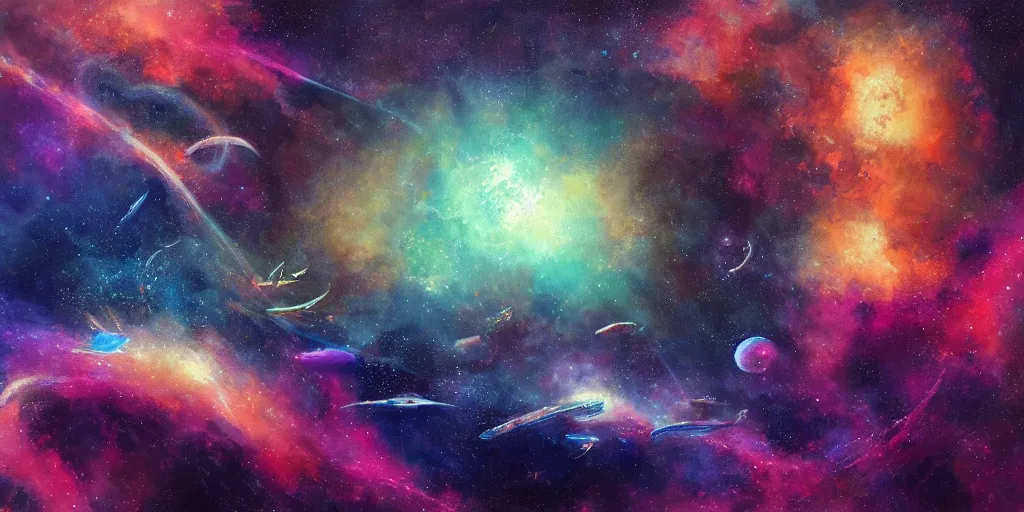 Image similar to painting of sea creatures swimming through space, sea turtles, sting rays whales, colorful nebulas, planets, 8 k resolution in the style of artem demura, moebius