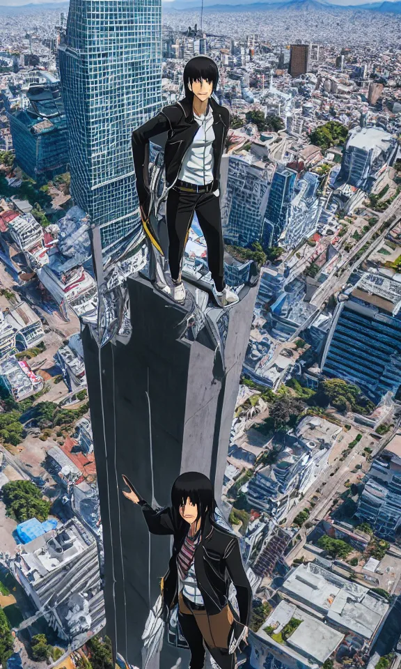 Prompt: The colossal giant of Shingeki no kyojin near the Torre Entel in Santiago of Chile. Drone Photography. 4k ultra hd. Portrait. Dramatic. Futuristic background.