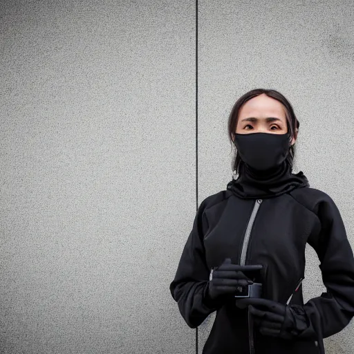 Image similar to candid photographic portrait of a poor techwear mixed young woman outside a brutalist future corporate office, closeup, sigma 85mm f/1.4, 4k, depth of field, high resolution, 4k, 8k, hd, full color