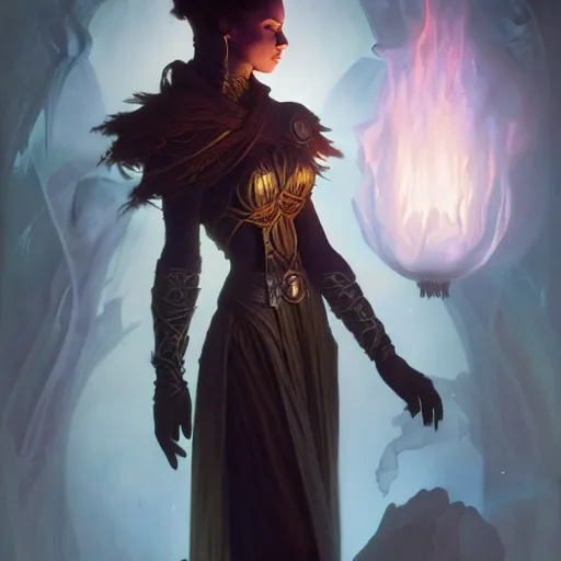 Image similar to female Planeswalker Magic the Gathering, dark fantasy, medium shot, intricate, elegant, highly detailed, digital painting, volumetric light, artstation, concept art, smooth, sharp focus, illustration, art by Gil Elvgren and Greg Rutkowski and Alphonse Mucha