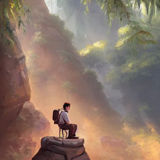 Prompt: a painting of a pilot sitting in a rock on a jungle!, an ultrafine detailed painting by mandy jurgens, featured on deviantart, fantasy art, 2 d game art, ilya kuvshinov, steampunk