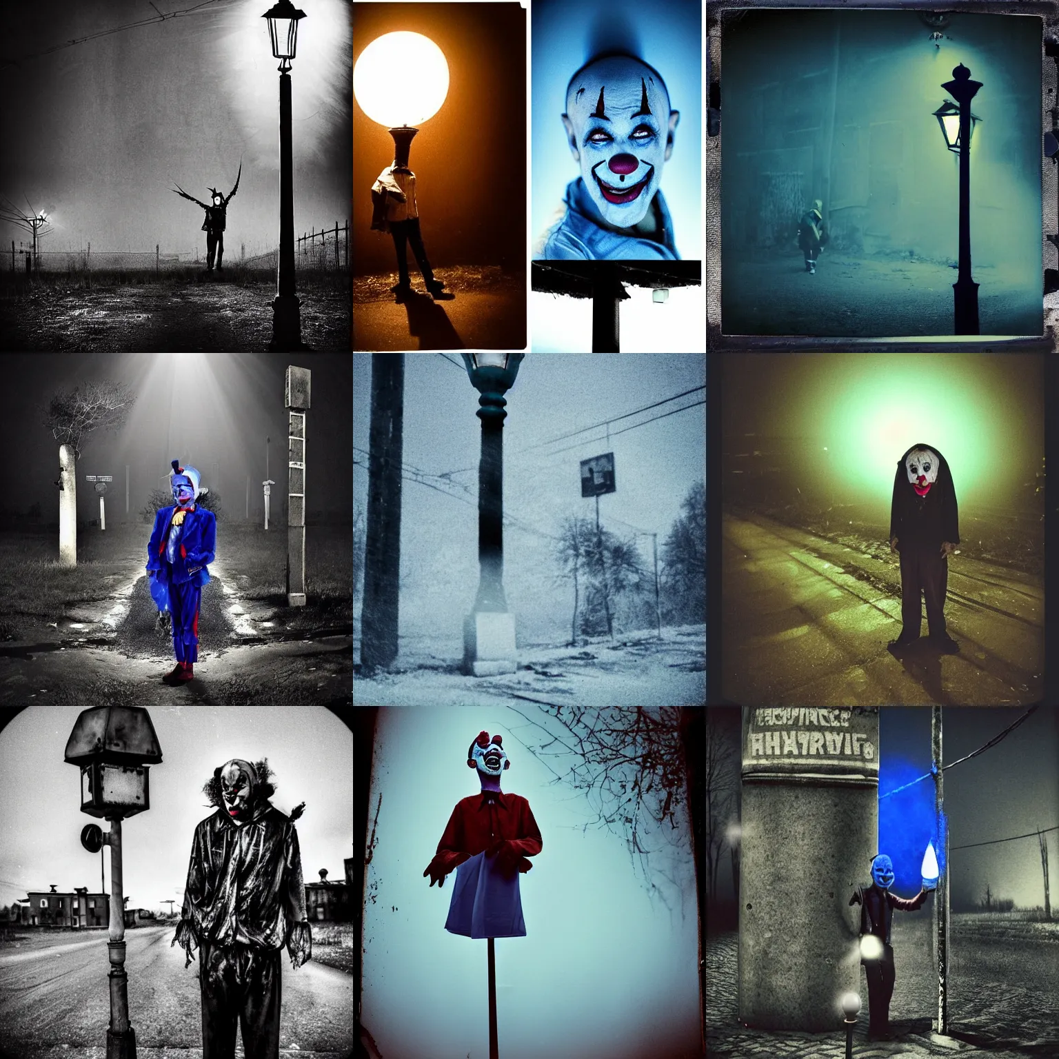 Prompt: a thin scary clown in torn clothes stands under a lamppost that shines a blue light on the clown, pitch darkness around the post, everything happens at night in an old soviet village, the photo was taken from afar, the clown is far from the camera, hidden shooting, distorted photo, dark atmosphere, horror, scary, Wildlife photography, Polaroid, bad quality, distorted, Night, dark