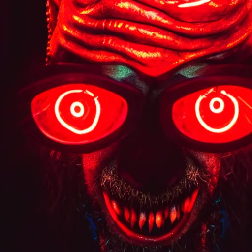 Image similar to a close up of a Rabbi that is the devil with horns looking at the camera in anger, cyberpunk art, neon, satan, red skin, dark, ominous, haunting, sinister, close-up, studio lighting, red lighting, scary, horror, dark,