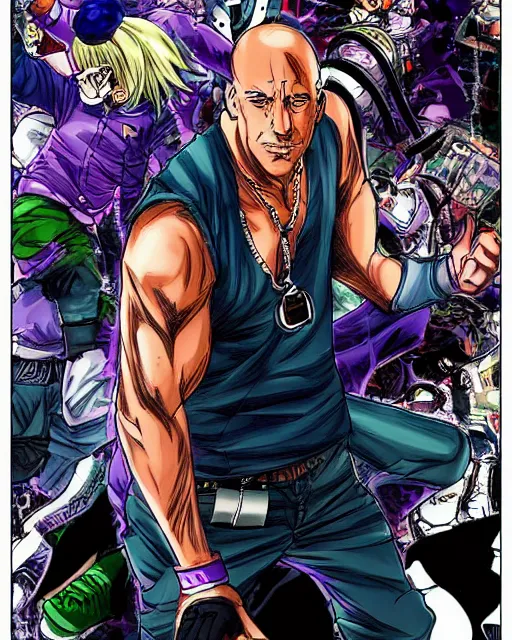 Prompt: Digital color pen drawing of Vin Diesel walking like a Italian model in JoJo\'s Bizzare Adventure anime style, highly detailed, sharp focus, screentone shading, 1990 manga panel, trending on ArtStation, manga cover art drawn by Hirohiko Araki