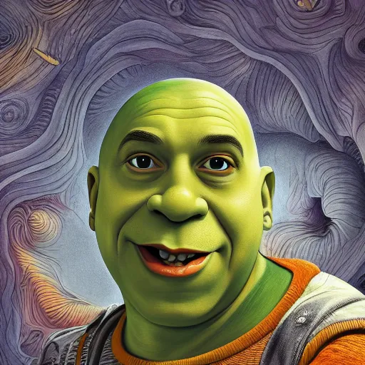 Prompt: a detailed painting of a shrek poorly disguised as vin diesel by Junji ito and Lisa frank, mobius, giger, escher, muted color scheme, artstation,8k,artstationHD,artstationHQ, cinematic, diffuse lighting