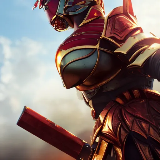 Image similar to picture of metal armored valkyrie, crimson plated, sword and shield, golden wings, divine vibes, light brown hair, white skin, shiny golden eyes, sky background, sharp focus, highly detailed, cinematic lighting, studio quality, smooth render, unreal engine 5 rendered, octane, rendered