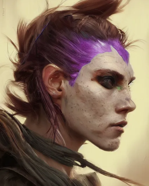 Image similar to '' Face portrait of a fighter with a scarred eye, reptile skin, purple eyes, long hair with a ponytail , sci-fy, cyberpunk, high detail, 4k , digital painting, artstation, concept art, sharp focus, illustration, art by greg rutkowski and alphonse mucha ''