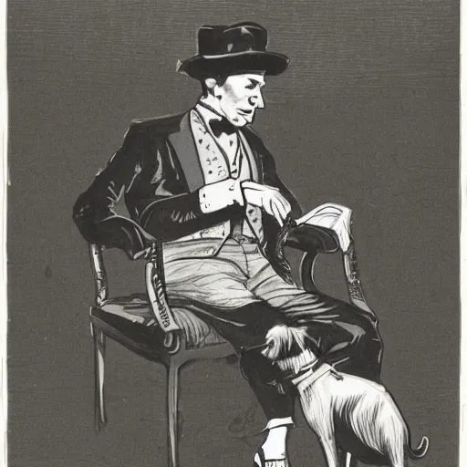 Prompt: a dog in a coat, in leather shoes, with a hat, sitting in an armchair, fluid, smooth, high contrast, sharpness, dramatic, very detailed, intricate, by windsor mckay