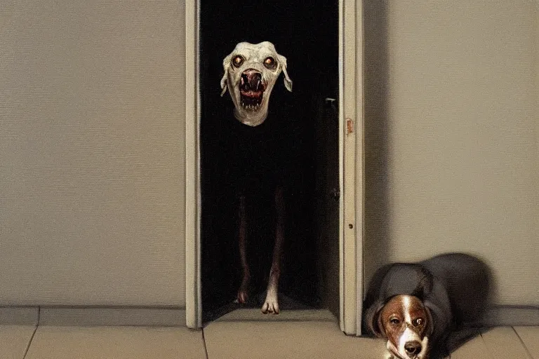 Image similar to unsettling unnatural dog behaving strangely standing in a dark doorway, dragan bibin, phil hale, ( goya )