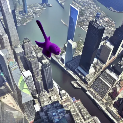 Image similar to Barney the Dinosaur flying a 777 right into one of the world trade center buildings