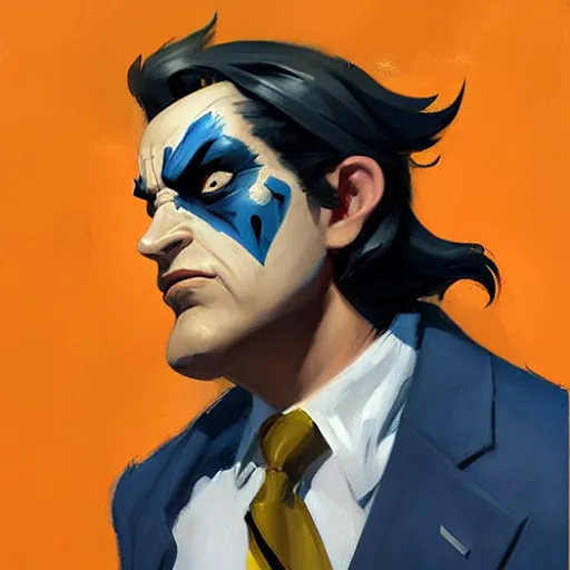 Image similar to Greg Manchess portrait painting of two face as Overwatch character, medium shot, asymmetrical, profile picture, Organic Painting, sunny day, Matte Painting, bold shapes, hard edges, street art, trending on artstation, by Huang Guangjian and Gil Elvgren and Sachin Teng