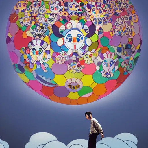 Image similar to a man walking on clouds away from the camera above kyoto by takashi murakami, beeple and james jean, aya takano color style, 4 k, super detailed, modern, 4 k, symmetrical