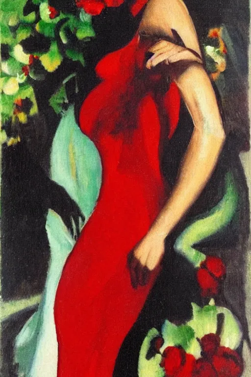 Image similar to spanish flamenco dancer in mallorca wearing a red dress made of flowers by artist tamara de lempicka