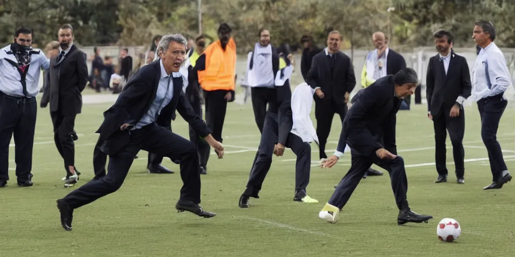 Prompt: Mauricio Macri playing football with judges