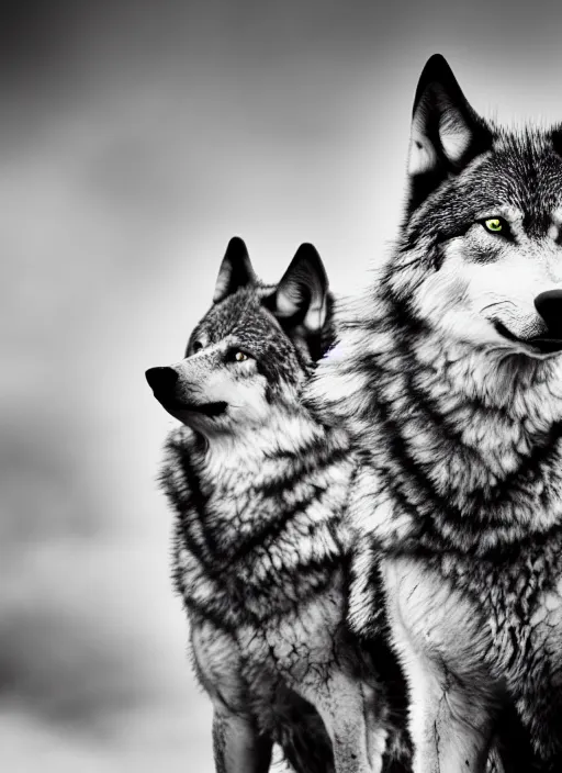 Image similar to two wolves black and white portrait white sky in background