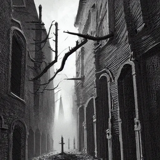 Prompt: bloodborne alleyway in the style of zdzisław beksiński