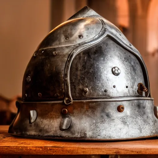 Prompt: macro shot of a medieval helmet sitting on a table in the hall of a great castle