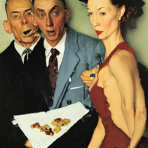 Prompt: a thin man is horrified by an oil painting of his wife, painted by norman rockwell and tom lovell and frank schoonover