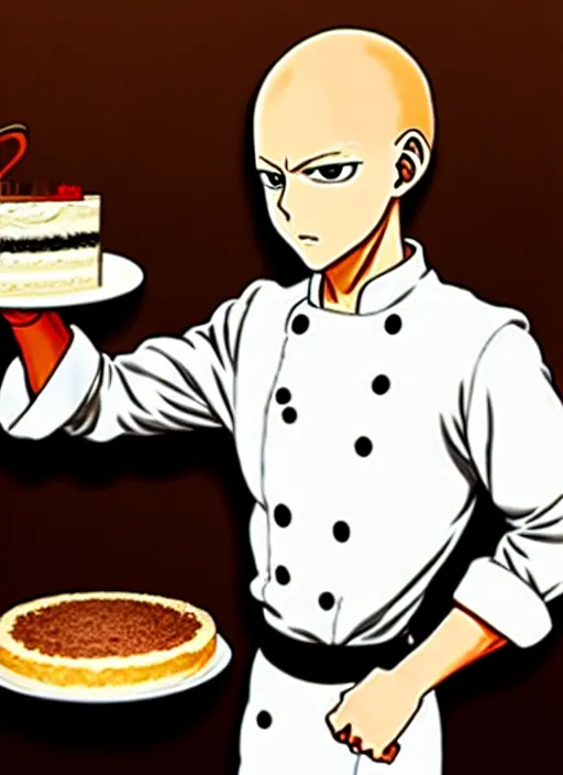 Image similar to chef saitama one punch man, dressed as a pastry chef, focused at making a cake, beautiful anime artwork