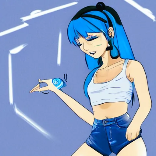 Image similar to if bluetooth was an actual human female, wearing blue crop top with the bluetooth logo on and blue shorts, digital image, character illustration, highly detailed, long blue hair, background of a blue flower field, trending on art station, art, by jason chan