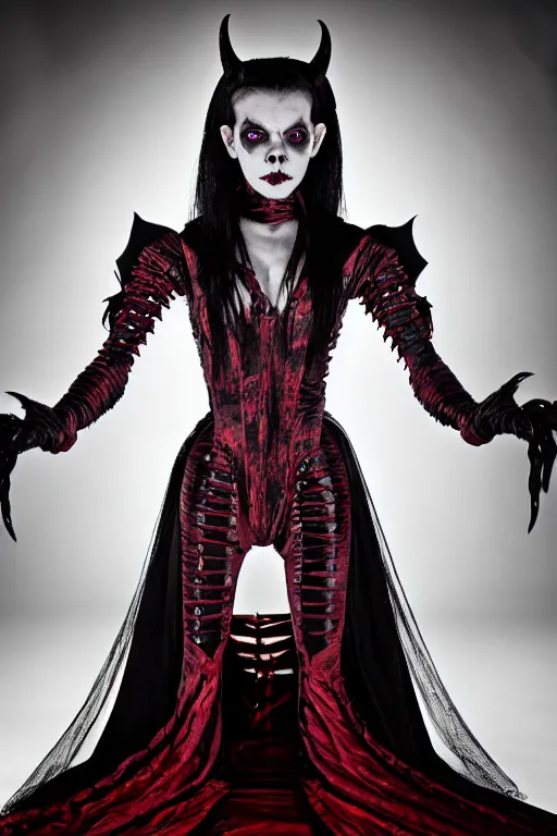 Image similar to dressed anya taylor - joy, a sinister demonic queen of cenobites, symmetrical, cinematic, elegant, demonic atmosphere, professional studio light, real dlsr photography, sharp focus, costume made by clive barker, real rotten flesh and blood, 4 k, ultra hd, sense of awe