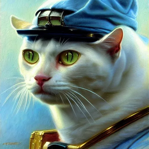 Prompt: a portrait of a manly and muscular white cat feline, blue eyes, star trek the next generation. highly detailed painting by gaston bussiere, craig mullins, j. c. leyendecker, furry