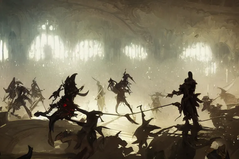 Image similar to painting of people tripping over swords in an arena, digital painting, volumetric light, intricate, sharp, focus, bloom, illustration, highly detailed, concept art, matte, ruan jia, randy vargas, greg rutkowski