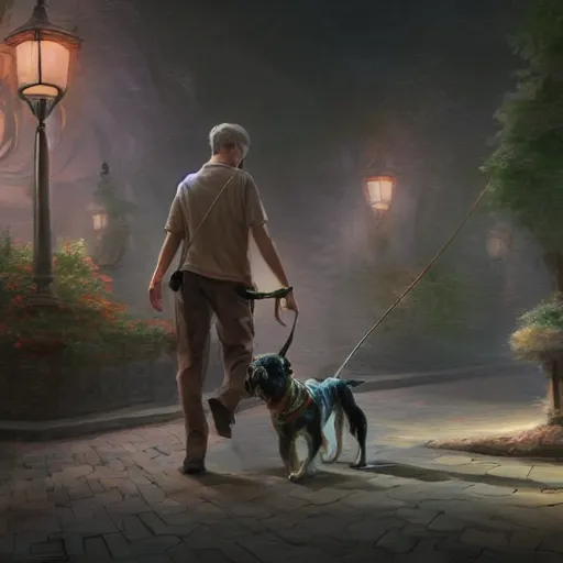 Image similar to a guy walking his dog, fantasy, hd, volumetric lighting, 4 k, intricate detail, by jesper ejsing, irakli nadar