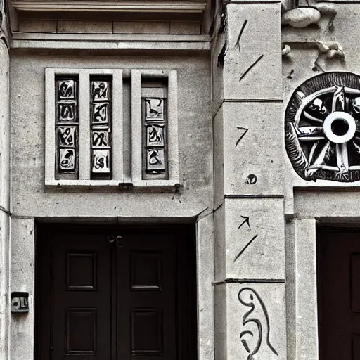 Prompt: a set of strange esotheric symbols on the outside wall at the entrance of a freemason temple