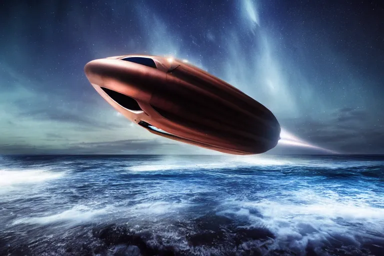 Image similar to enormous spaceship crashing into the sea at night