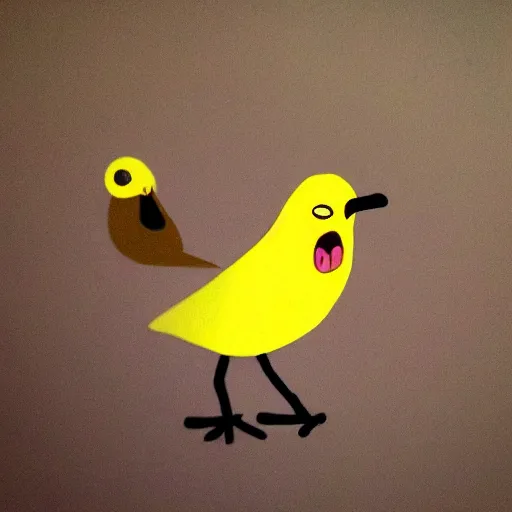 Image similar to yellow bird character with dot eyes, from adventure time,