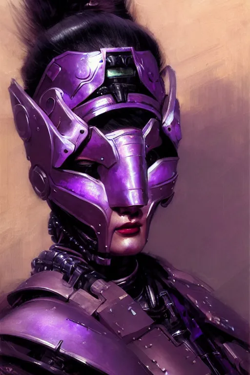 Prompt: extreme close up, facial portrait, half - chinese woman with a long black ponytail in purple sci - fi armor, wearing a kitsune mask, mechanical armor, cybernetic hands, striking pose, portrait dnd, painting by gaston bussiere, craig mullins, greg rutkowski, yoji shinkawa