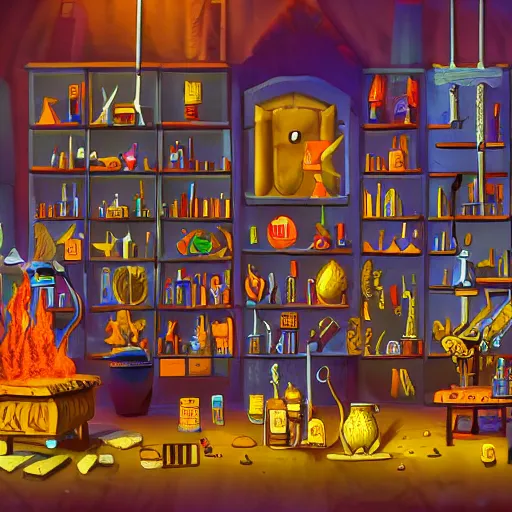 Image similar to these monsters are consumed by fire, yet they remain unharmed. they are surrounded by the tools of the alchemist's trade - beakers and test tubes full of colorful liquids, crystals, and books of ancient knowledge. the scene is suffused with an eerie glow, as if something magical is happening here.