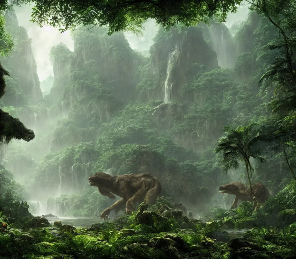 Image similar to matte painting of bigfoot in rain forest, large dinosaurs in background, style by thomas cole and greg rutkowski and ross tran, global illumination, unreal engine!!!