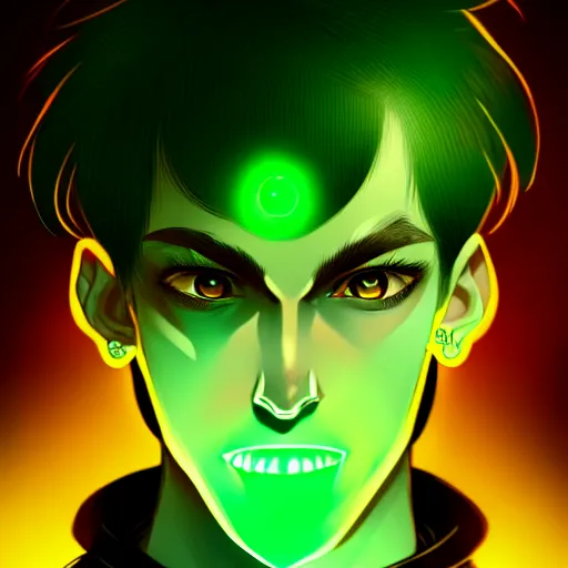 Image similar to a highly detailed portrait of a man with dark green hair and green glowing eyes, high detail clothing, concept art, anime, artstation, professional