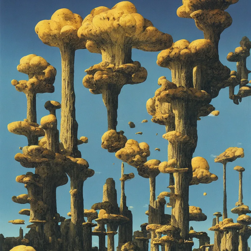 Image similar to a single! colorful!! fungus tower clear empty sky, a high contrast!! ultradetailed photorealistic painting by dean ellis, roger dean and giorgio de chirico, hard lighting, masterpiece