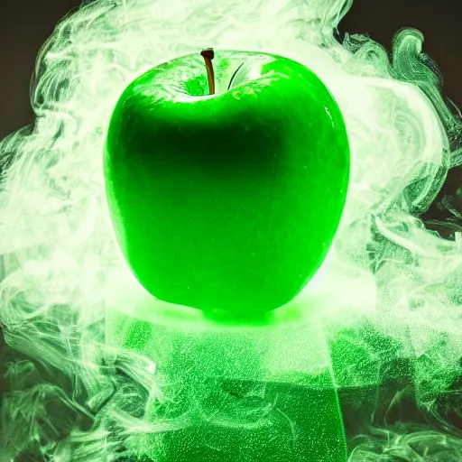 Image similar to an apple with glowing green smoke coming out of it, dramatic lighting