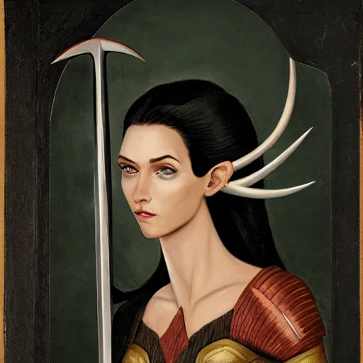 Prompt: portrait of a female black haired half - elves with two swords and pointy ears