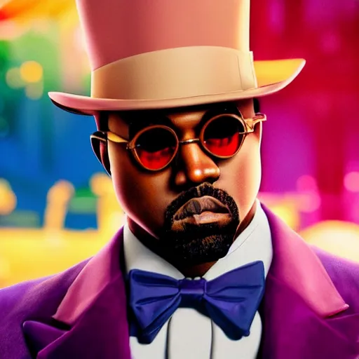 Image similar to Portrait of Kanye West as willy wonka in fallout new vegas, splash art, movie still, cinematic lighting, dramatic, octane render, long lens, shallow depth of field, bokeh, anamorphic lens flare, 8k, hyper detailed, 35mm film grain