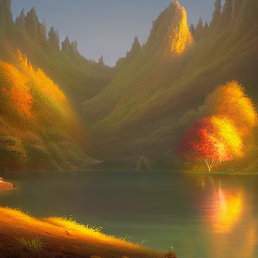 Prompt: fantasy art of a lake surrounded by hills and forests at dusk by rhads, artem chebokha, pastel tones, highly detailed, 4 k, 8 k, blender, trending on artstation