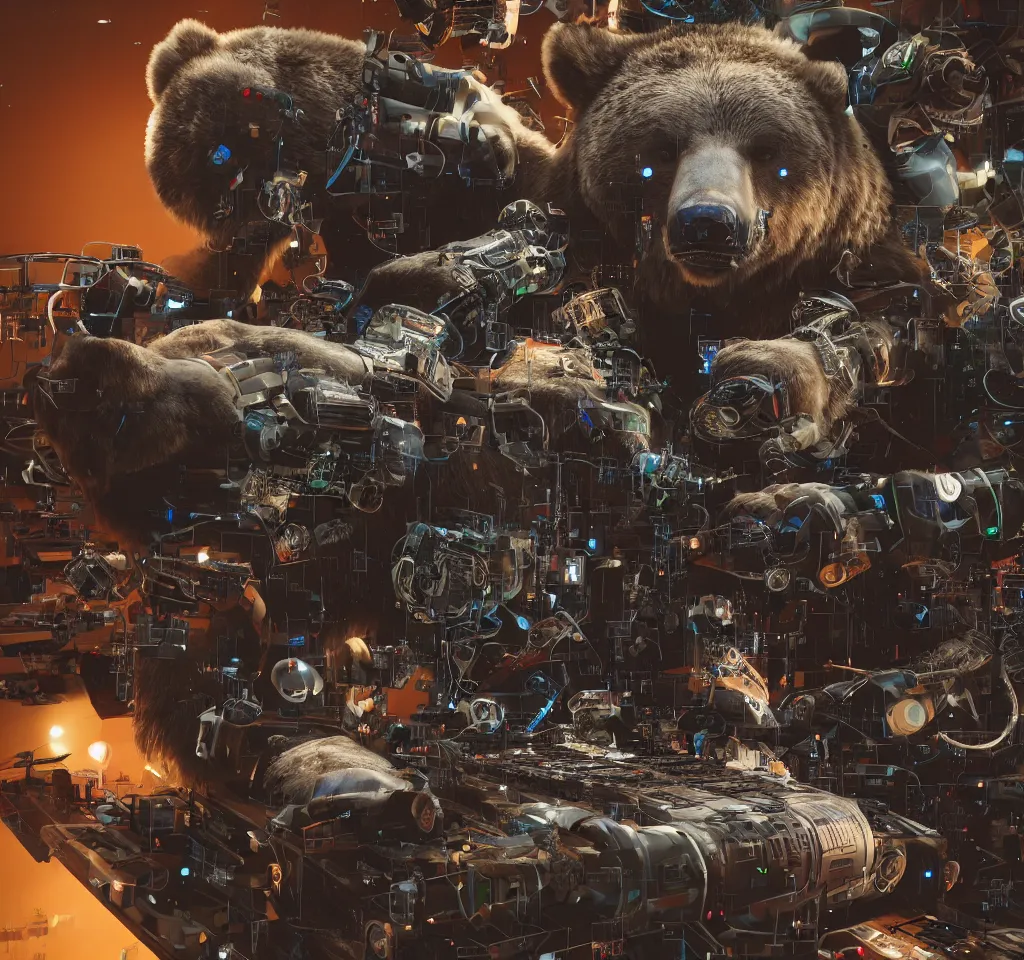 Prompt: a cyborg grizzly bear dj mixing records on stage, photorealistic, highly detailed, illustration, lifelike, highly detailed, intricate, octane render, sharp focus, cyberpunk,