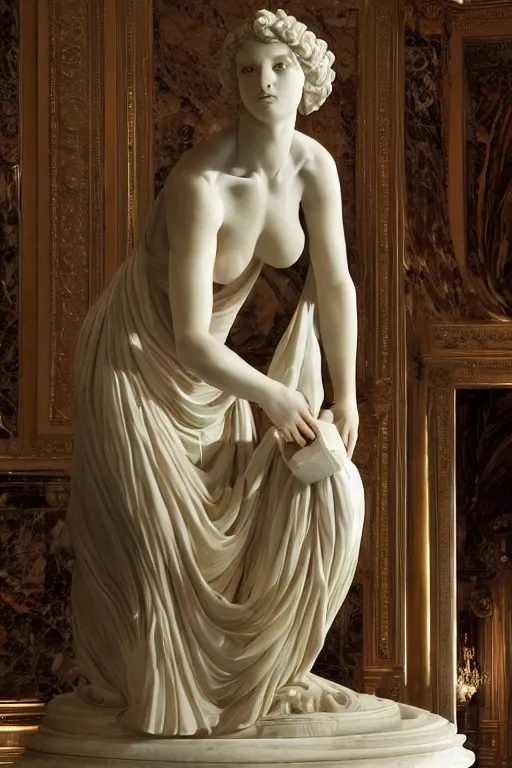 Prompt: marble sculpture of a woman programming the samsara computer, hi tech, dramatic lighting, stunning, visionary, hyper realistic, beautiful, wow, gilt metal, rich marbles, by gian lorenzo bernini, by jean delville, sharp