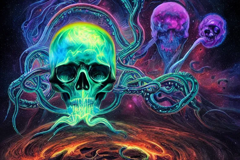 Prompt: a giant skull with eyes and lovecraftian tentacles emerging from a space nebula by dan mumford, smoke trails, digital art, photorealistic, vivid colors, highly detailed, intricate